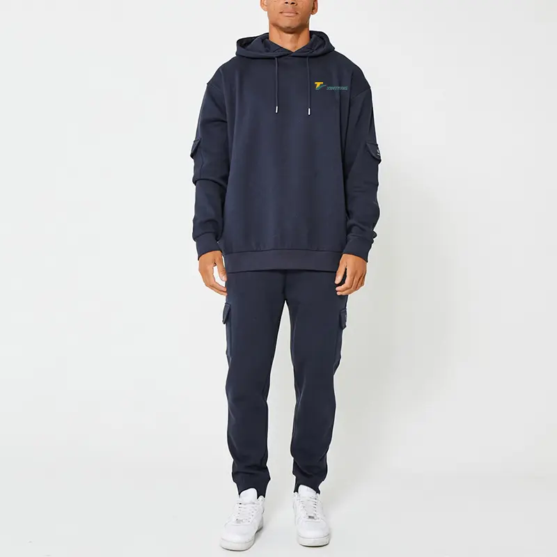 80%Cotton 20%Polyester Two Pieces Workout Cargo Tracksuit Set For Men