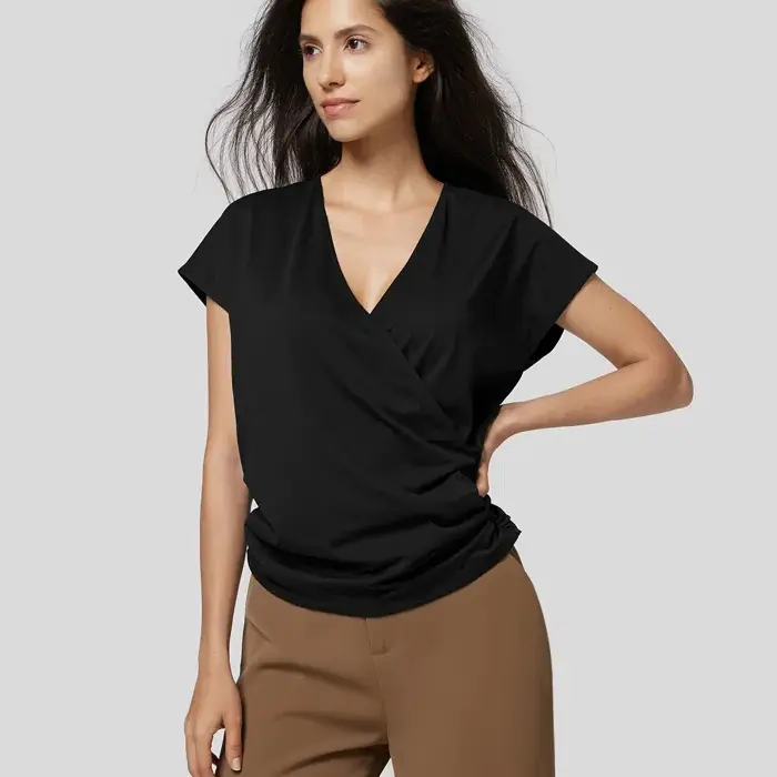 Wholesale fashion V neck Design Custom pleated cotton polyester causal loose fit t shirts women