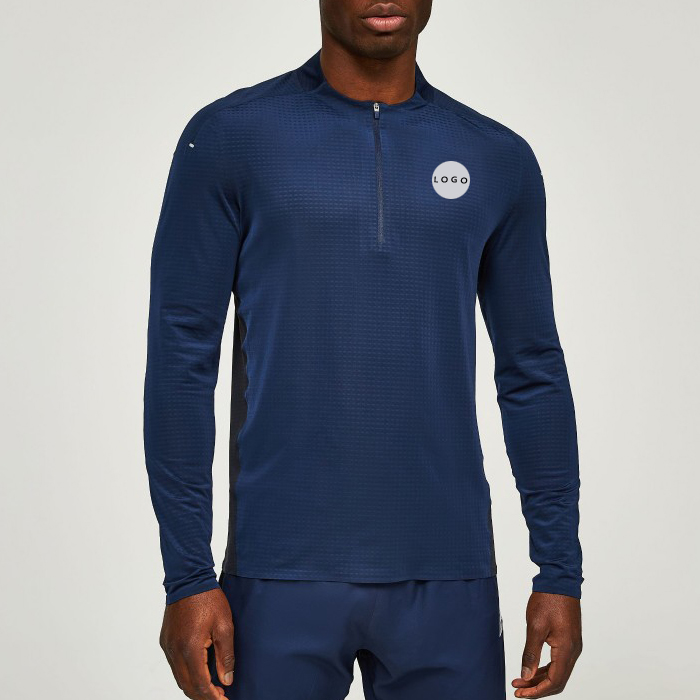 High Quality Custom Collar Design Running Navy Blue Sports Gym Quarter Zip Long Sleeve T-Shirt Men