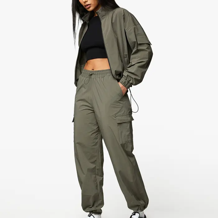 High quality polyester woven jogger suits custom baggy style workout sportswear women