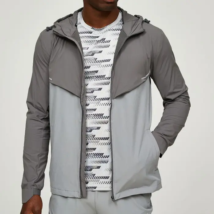 Custom Curve Cuff Design Wholesale Men Polyester Woven Zipped Jackets With Hoody