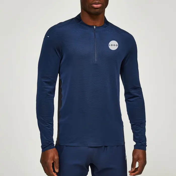 High Quality Custom Collar Design Running Navy Blue Sports Gym Quarter Zip Long Sleeve T-Shirt Men