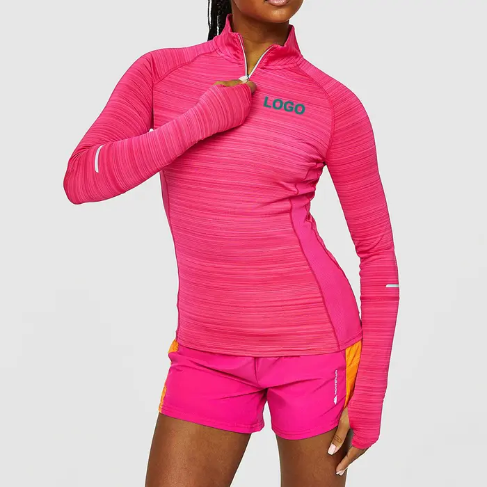 High quality Custom wholesale polyester spandex women Quarter Zip Long Sleeve Top t shirts